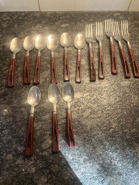 14 piece MCM Bakelite Brown Handle Stainless Steel Fork and Spoon Set - Stanhome